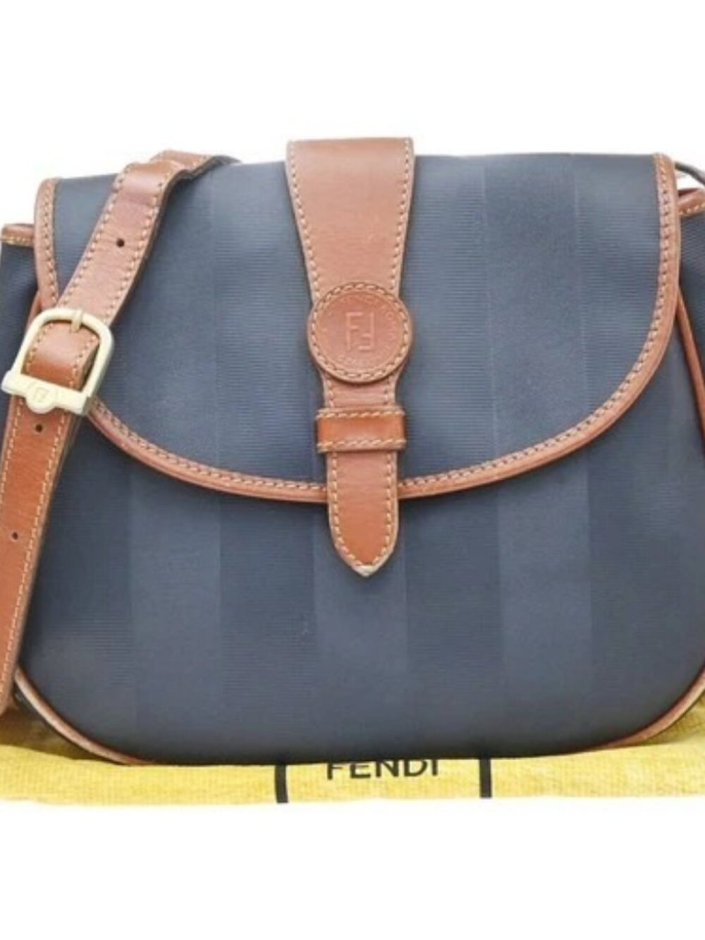 FENDI Pequin Flap Shoulder Bag PVC Leather Navy Blue Brown GHW Italy 31KD745